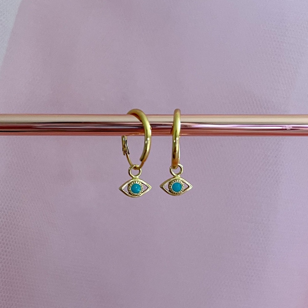 18K Gold Evil Eye hoop earrings over 925 Sterling silver